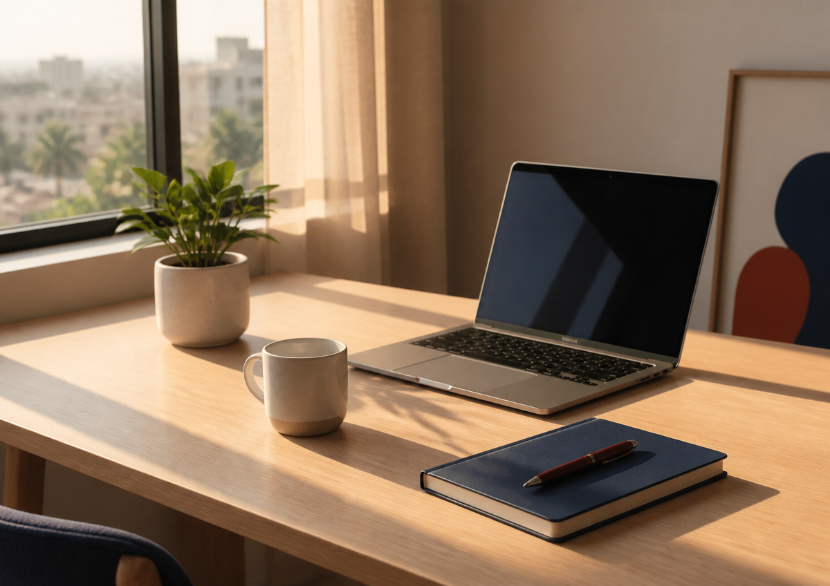 A quiet desk in Accra: an open laptop, a navy notebook and pen, a mug and a small plant by the window.